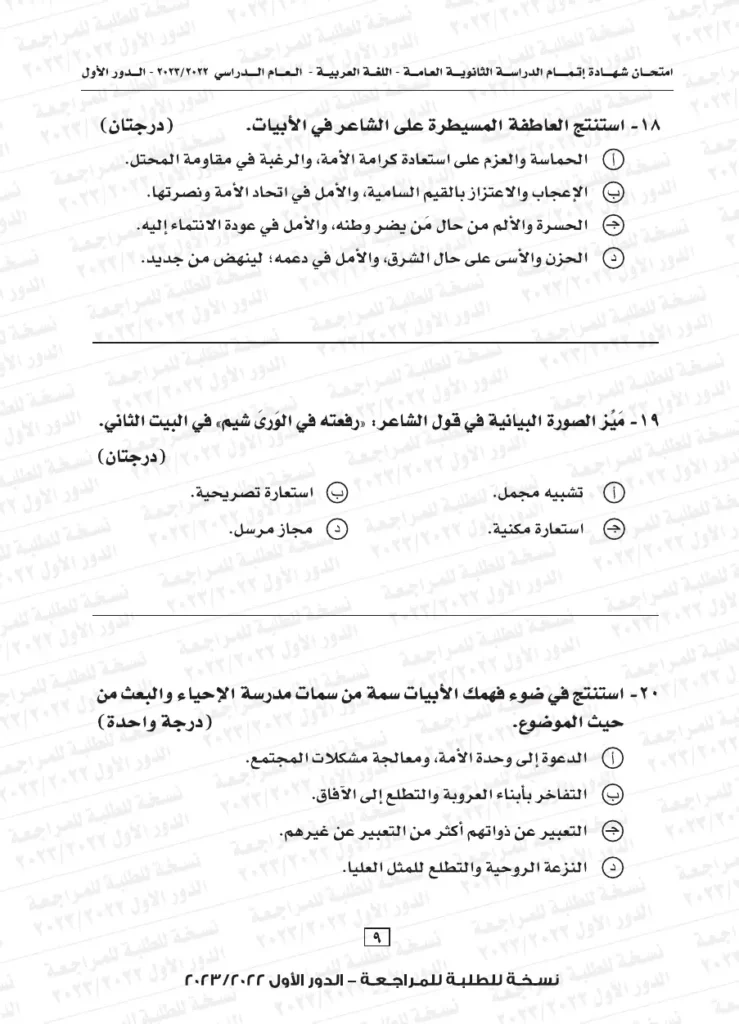نموذج استرشادي لامتحان اللغة العربية للثانوية العامة 2024