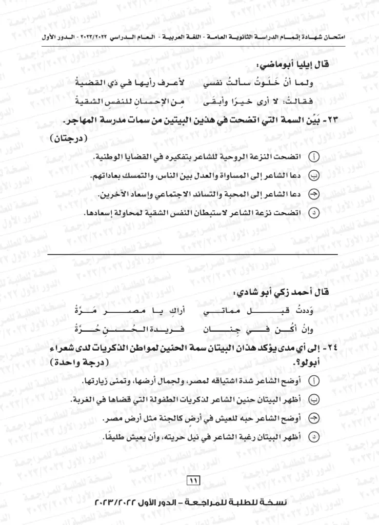 نموذج استرشادي لامتحان اللغة العربية للثانوية العامة 2024