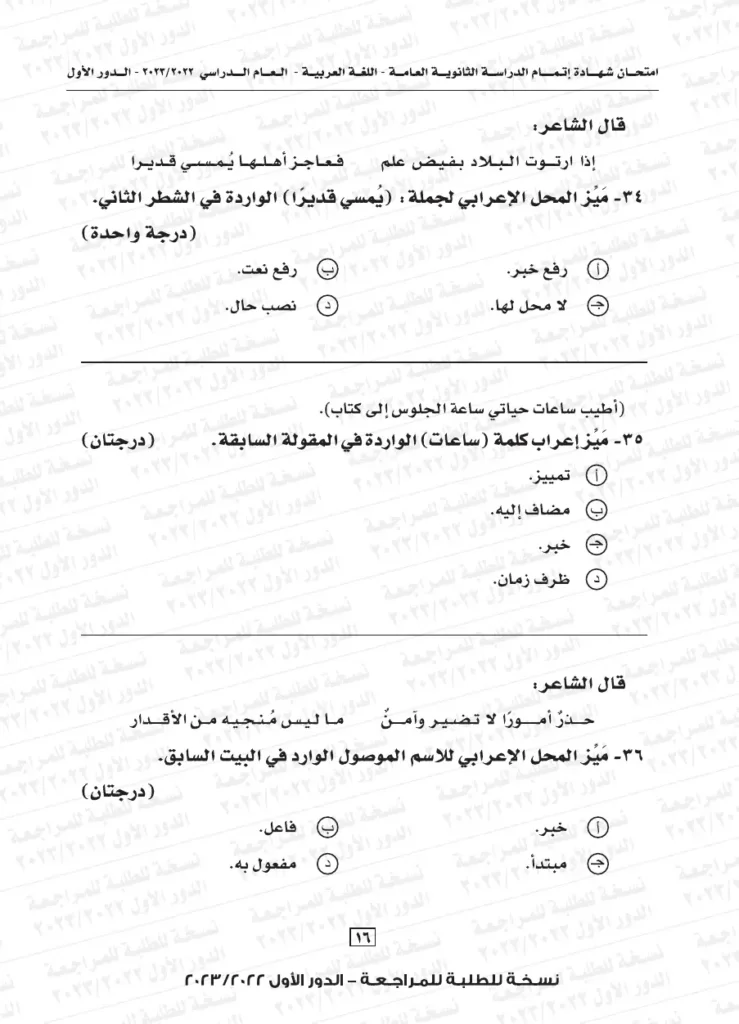 نموذج استرشادي لامتحان اللغة العربية للثانوية العامة 2024