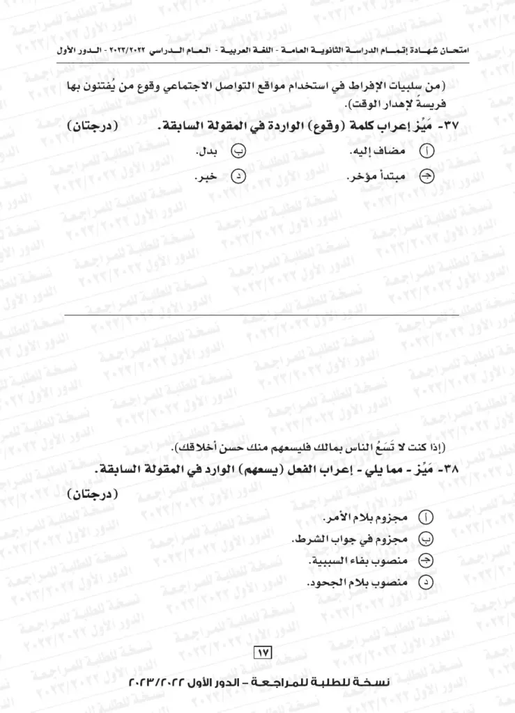 نموذج استرشادي لامتحان اللغة العربية للثانوية العامة 2024