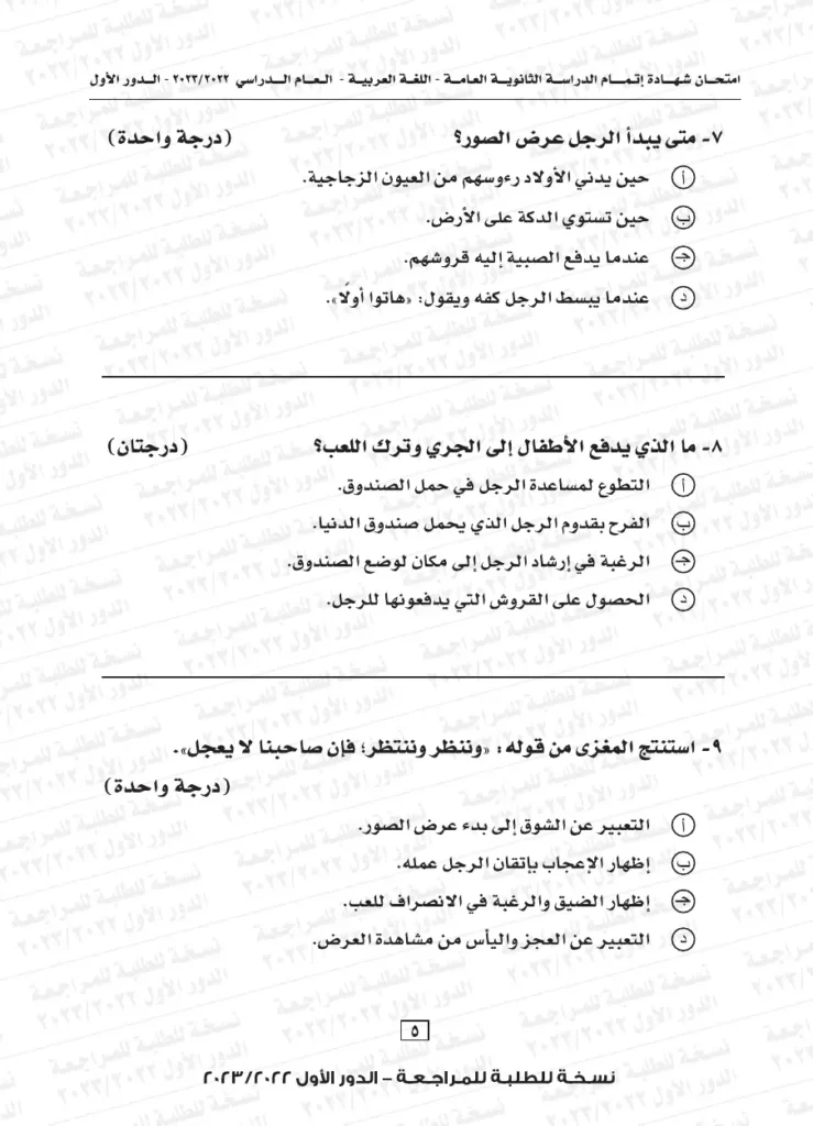 نموذج استرشادي لامتحان اللغة العربية للثانوية العامة 2024