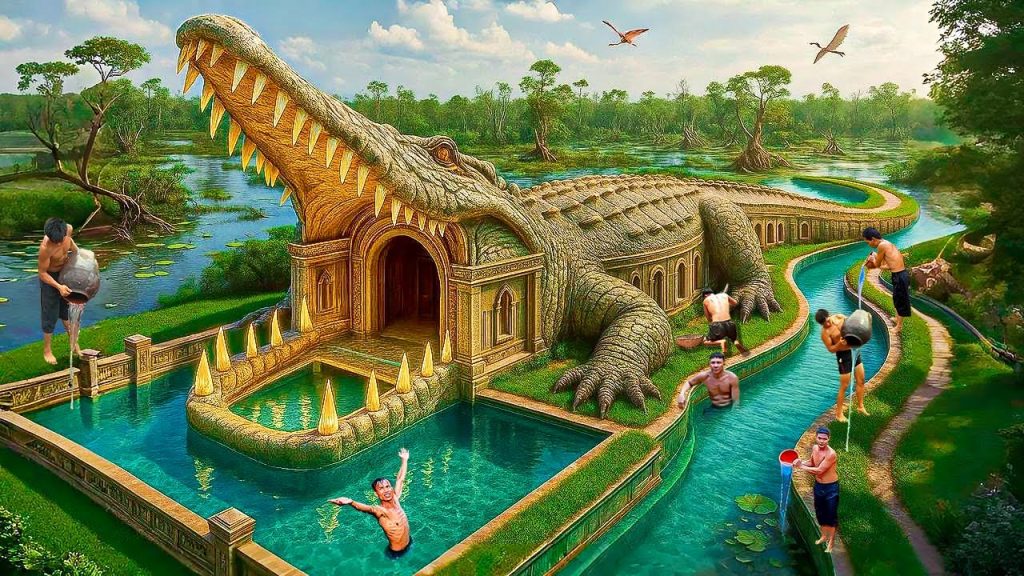 200 Days Building an Underground Crocodile - Shaped Pool with a Slide System Using Primitive Tools