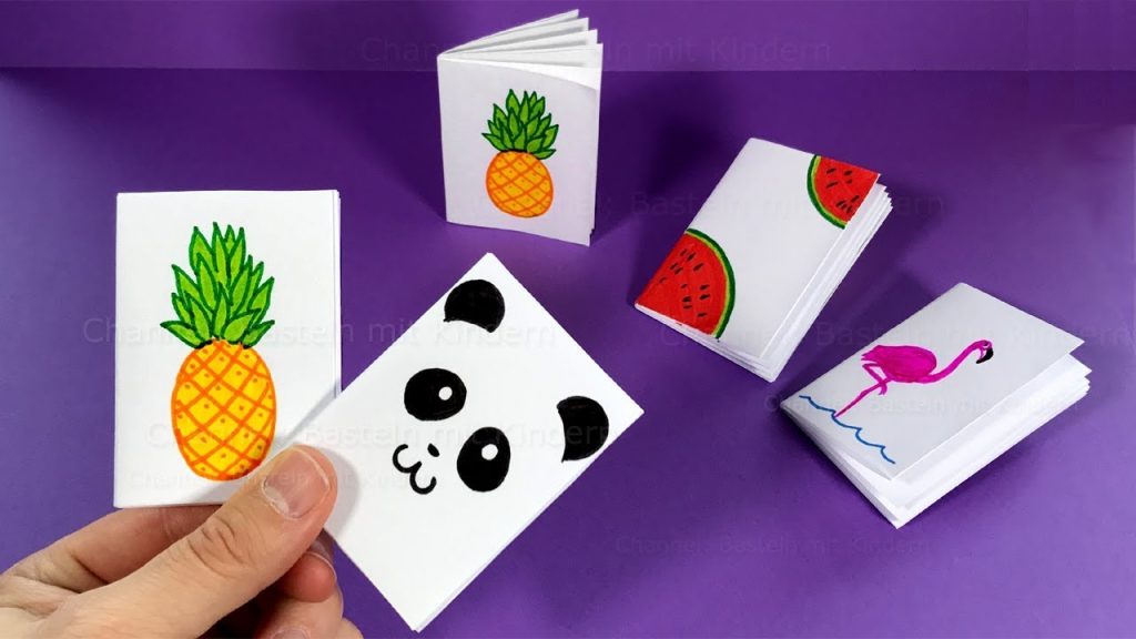 Mini Notizbuch basteln mit Papier für Schule: Panda, Ananas, Flamingo. DIY Heft basteln mit Kindern