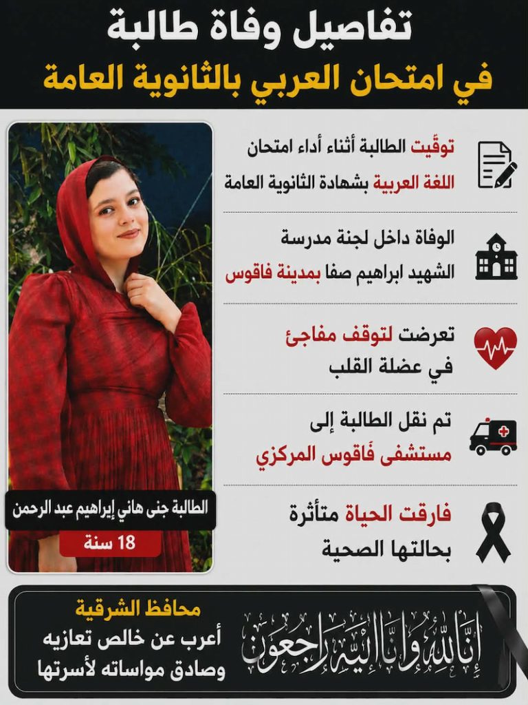 وفاة طالبة أثناء امتحان اللغة العربية تهز الثانوية العامة 2026 .. ماذا حدث داخل اللجنة ؟