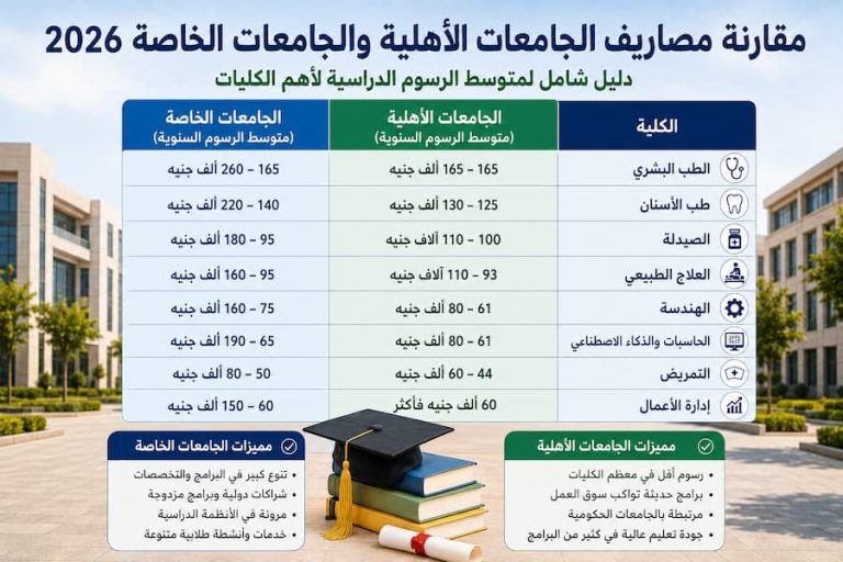 مقارنة مصاريف الجامعات الأهلية والجامعات الخاصة 2026 .. أيهما أوفر وأفضل للطلاب؟