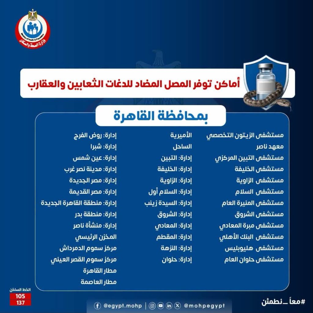 أماكن توفر المصل المضاد للدغات الثعابين والعقارب على مستوى الجمهورية.. وزارة الصحة توضح