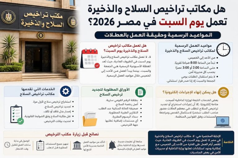 هل مكاتب تراخيص السلاح والذخيرة تعمل يوم السبت في مصر 2026 ؟ المواعيد الرسمية وحقيقة العمل بالعطلات