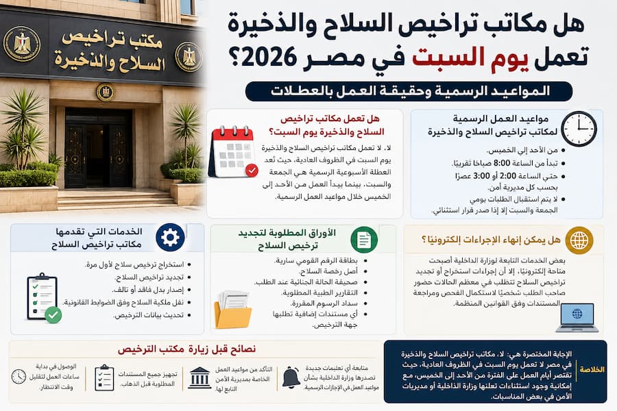 هل مكاتب تراخيص السلاح والذخيرة تعمل يوم السبت في مصر 2026 ؟ المواعيد الرسمية وحقيقة العمل بالعطلات