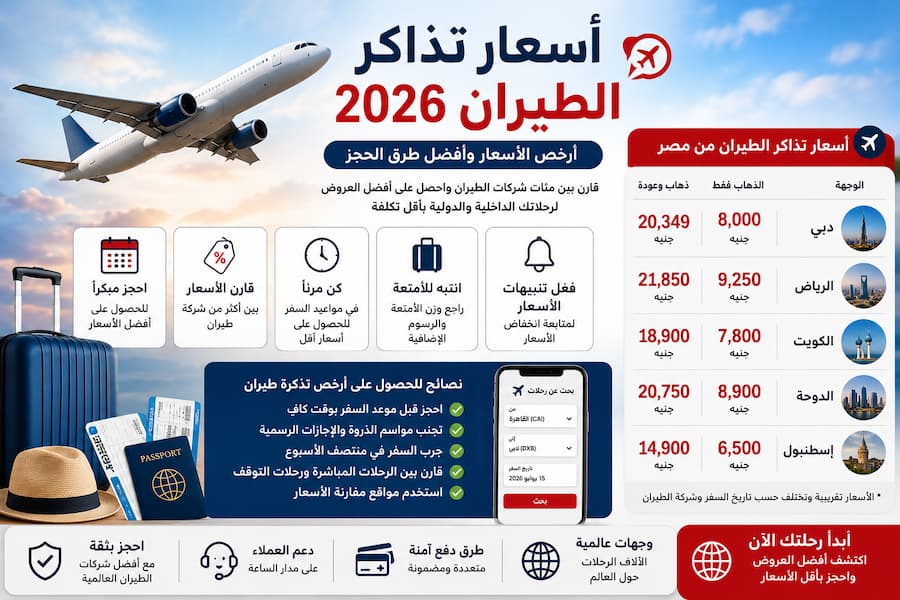 أسعار تذاكر الطيران 2026.. أرخص الأسعار وطرق حجز الرحلات بأقل تكلفة