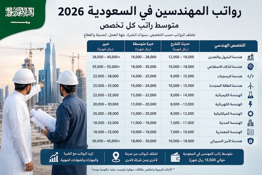رواتب المهندسين في السعودية 2026.. متوسط راتب كل تخصص وأعلى الوظائف أجراً