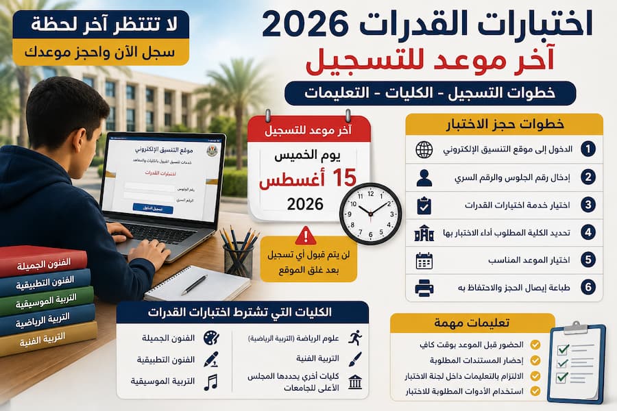 اختبارات القدرات 2026 .. آخر موعد للتسجيل وخطوات الحجز قبل غلق الموقع