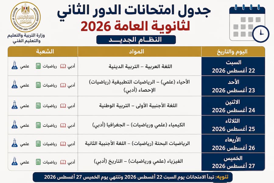 جدول امتحانات الدور الثاني للثانوية العامة 2026.. المواعيد كاملة