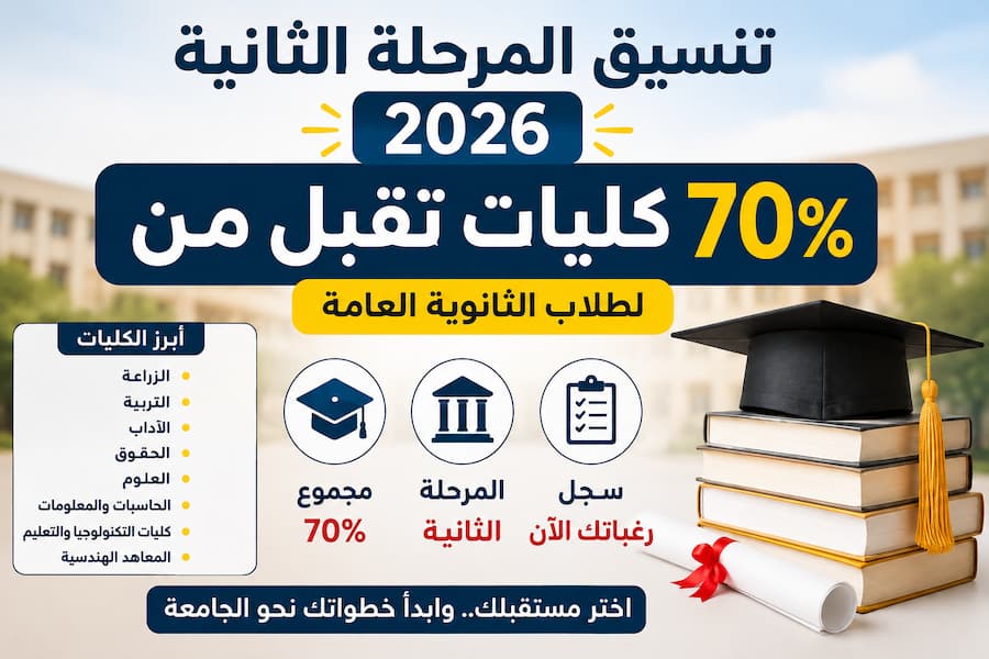 تنسيق المرحلة الثانية 2026.. كليات تقبل من 70% لطلاب الثانوية العامة