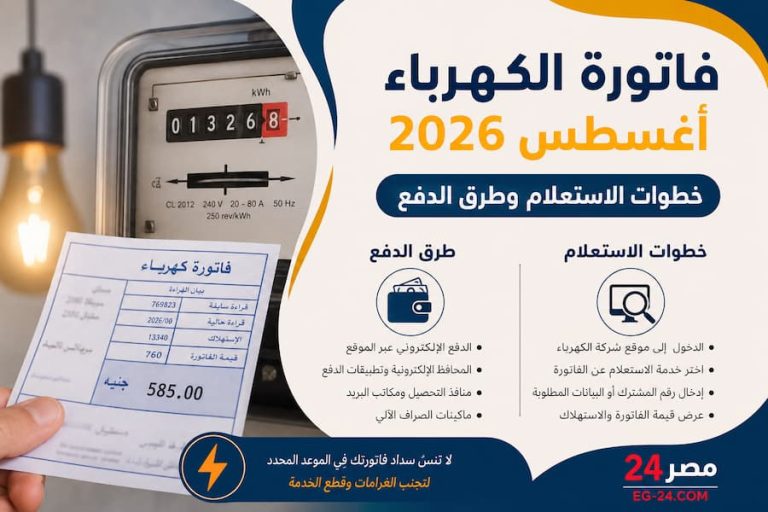 فاتورة الكهرباء أغسطس 2026.. خطوات الاستعلام وطرق الدفع إلكترونيًا