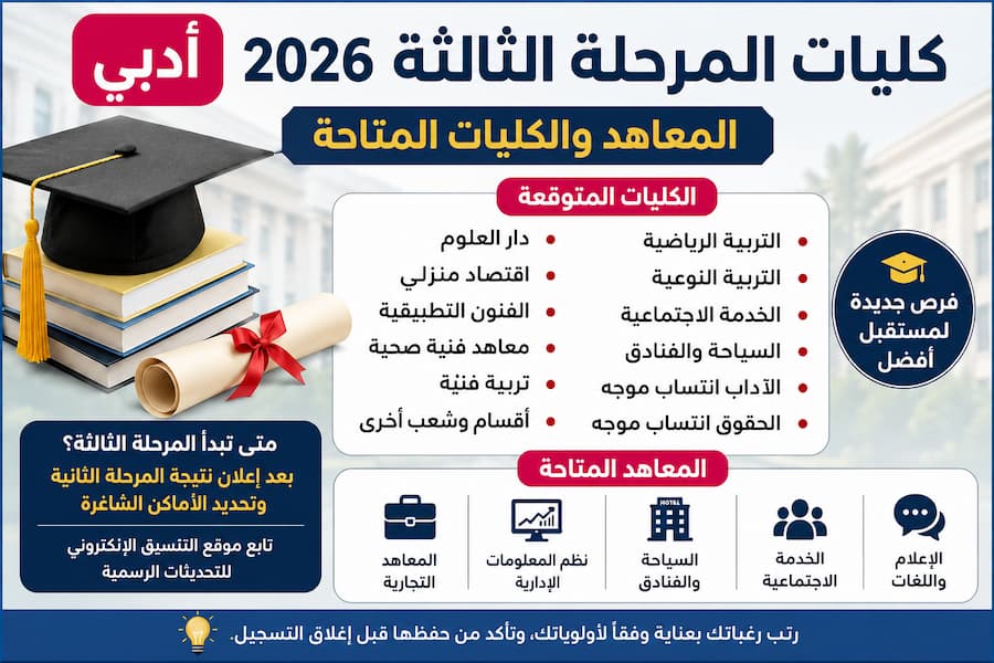 كليات المرحلة الثالثة 2026 أدبي.. المعاهد والكليات المتاحة ومؤشرات القبول