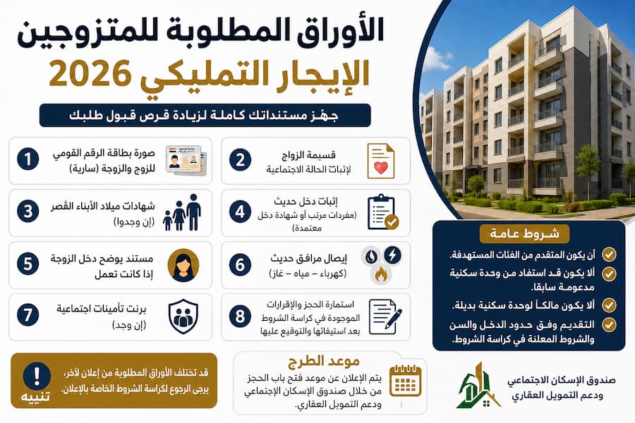 الأوراق المطلوبة للمتزوجين في الإيجار التمليكي 2026.. المستندات وشروط التقديم