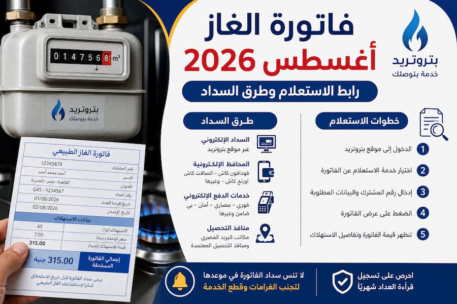فاتورة الغاز أغسطس 2026.. رابط الاستعلام وطرق السداد إلكترونيًا
