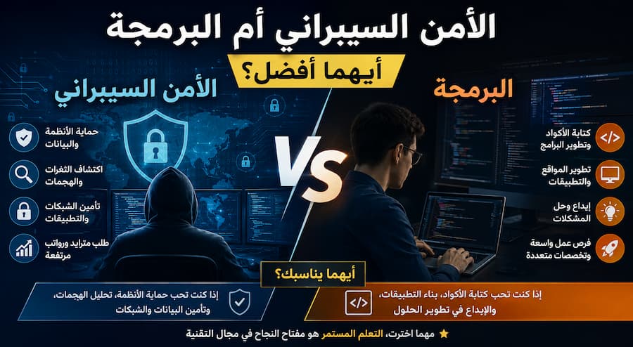 الأمن السيبراني أم البرمجة.. أيهما أفضل؟ مقارنة شاملة لاختيار أفضل تخصص في 2026