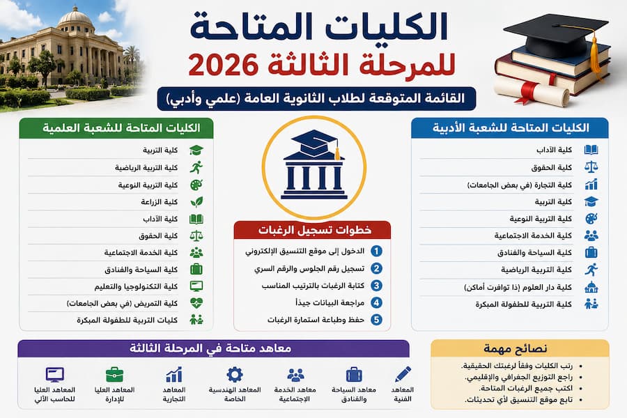 الكليات المتاحة للمرحلة الثالثة 2026 .. القائمة المتوقعة لطلاب الثانوية العامة