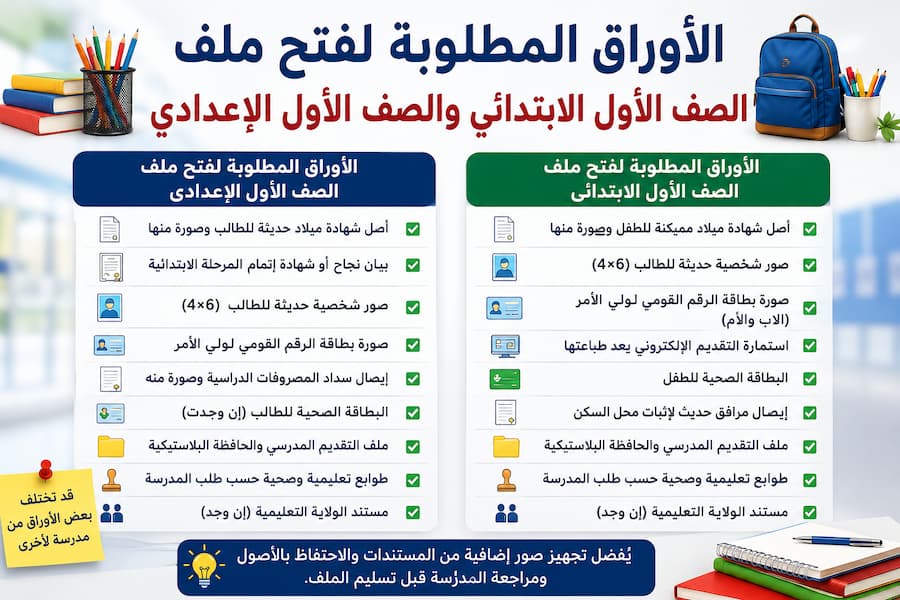 الأوراق المطلوبة لفتح ملف الصف الأول الابتدائي والأول الإعدادي 2026-2027.. المستندات المطلوبة بالتفصيل