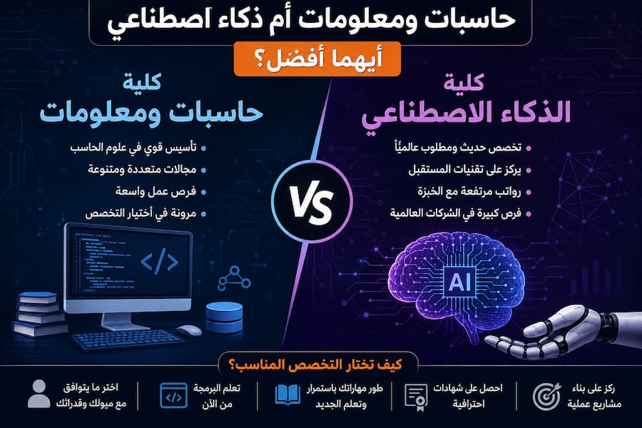 حاسبات ومعلومات أم ذكاء اصطناعي.. أيهما أفضل؟ مقارنة شاملة لاختيار التخصص المناسب في 2026