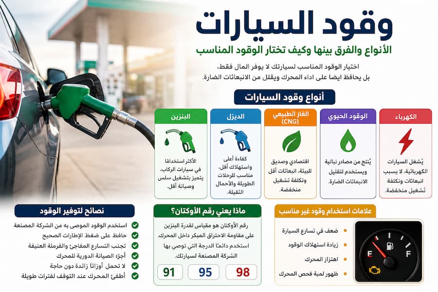 وقود السيارات .. الأنواع وأفضل اختيار لمحرك سيارتك في 2026