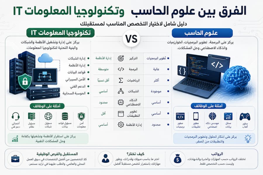 الفرق بين علوم الحاسب وتكنولوجيا المعلومات IT .. أيهما أفضل في 2026 ؟